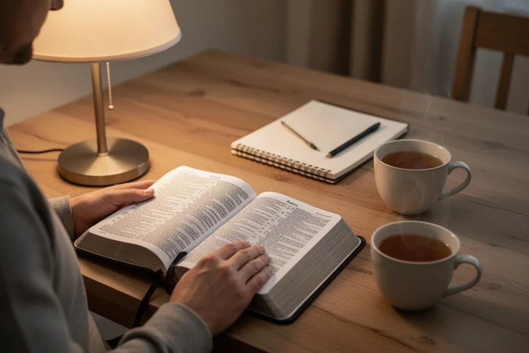 Lecture paisible du livre des Psaumes près d’une lampe, avec carnet de prière