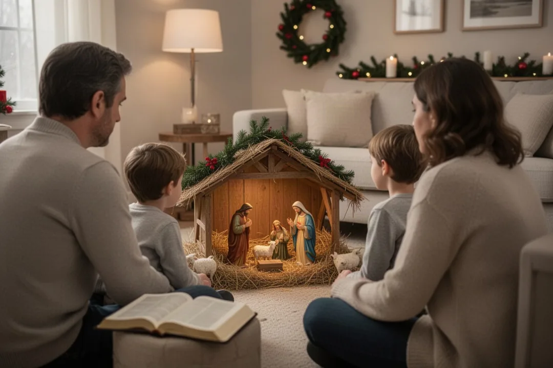 Famille réunie autour d’une crèche avec une Bible ouverte