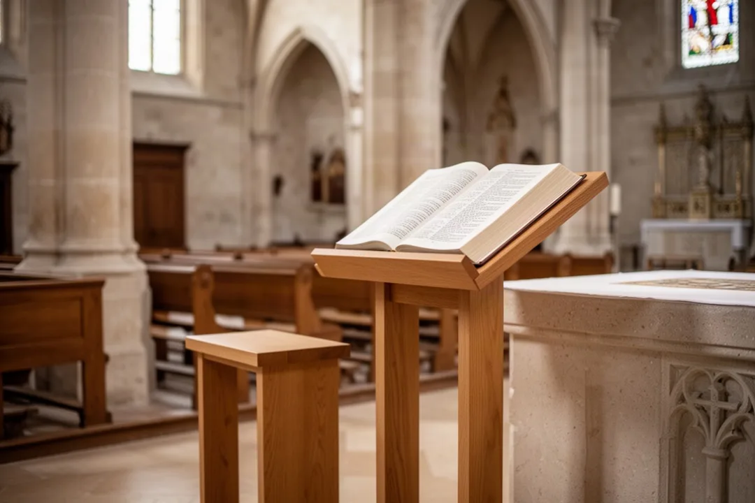 Lutrin en bois installé près de l’ambon d’une église éclairée naturellement
