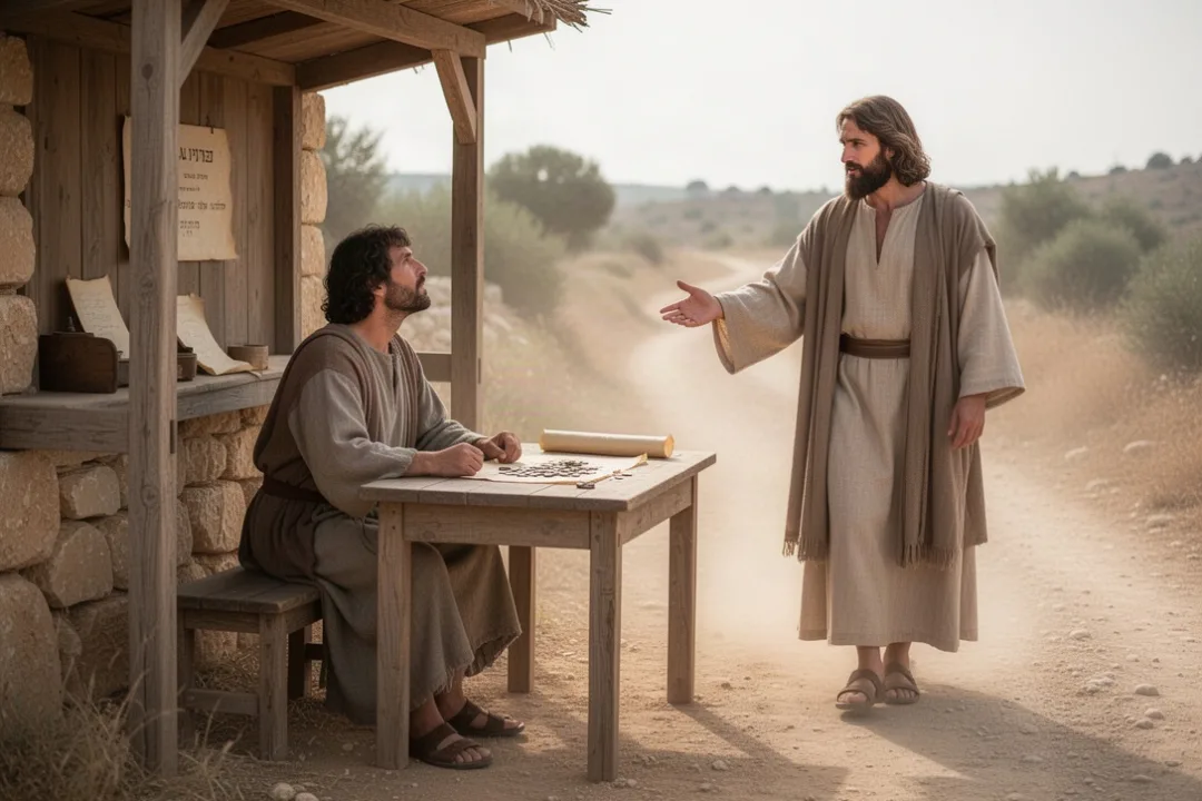 Jésus appelle Matthieu devant une table de collecte des taxes