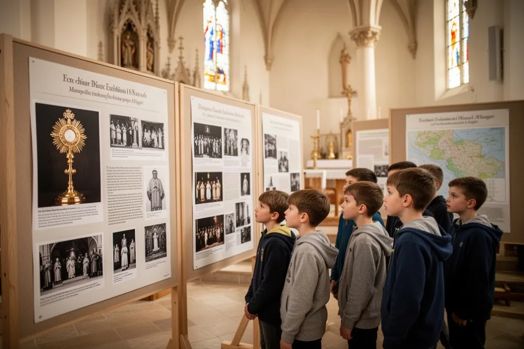 Jeunes visiteurs découvrant une exposition paroissiale consacrée aux miracles eucharistiques