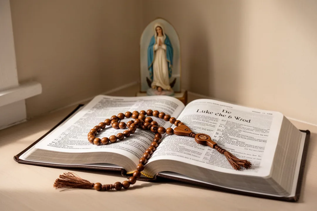Chapelet posé près d’une Bible ouverte pour la prière du samedi