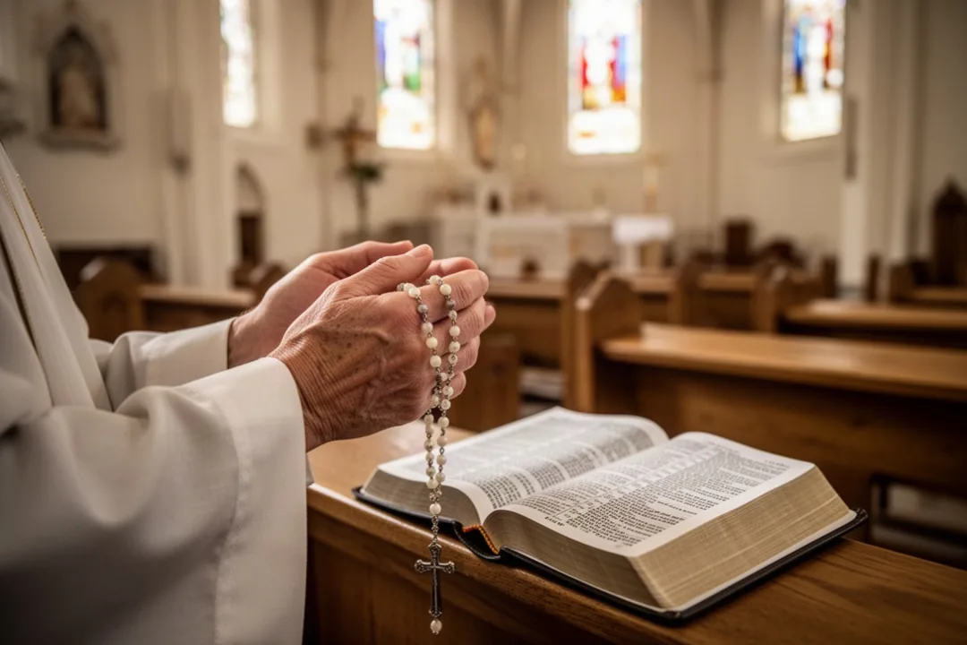 Chapelet posé près d’une Bible ouverte dans une église calme
