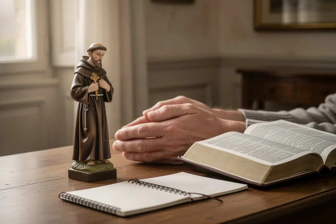 Temps de prière à saint Antoine avec Bible, statue et carnet dans une maison