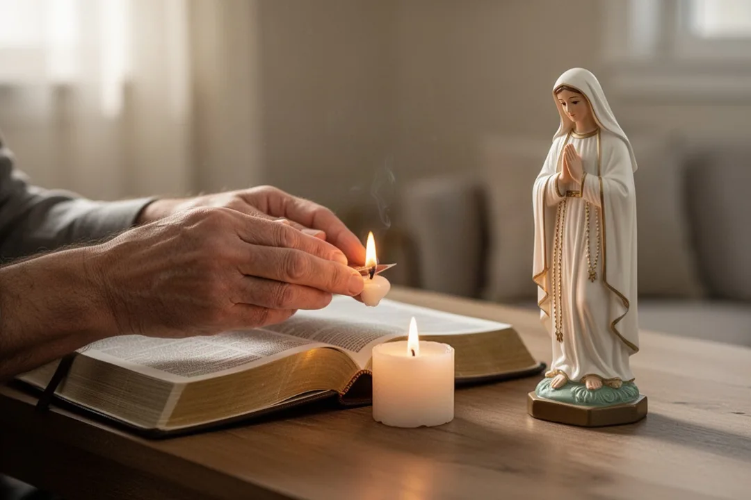 Personne priant une neuvaine devant une Bible et une statue de sainte Thérèse