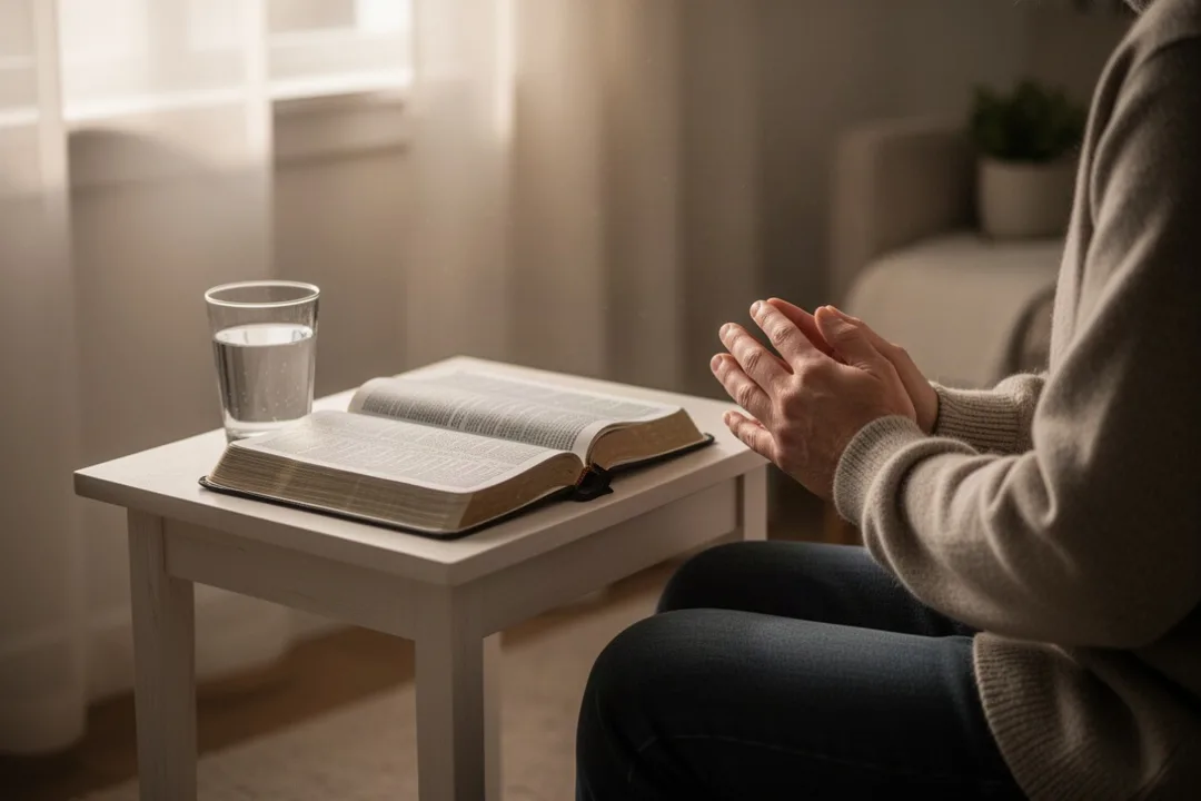 Personne priant chez elle avec une Bible ouverte et une lumière douce