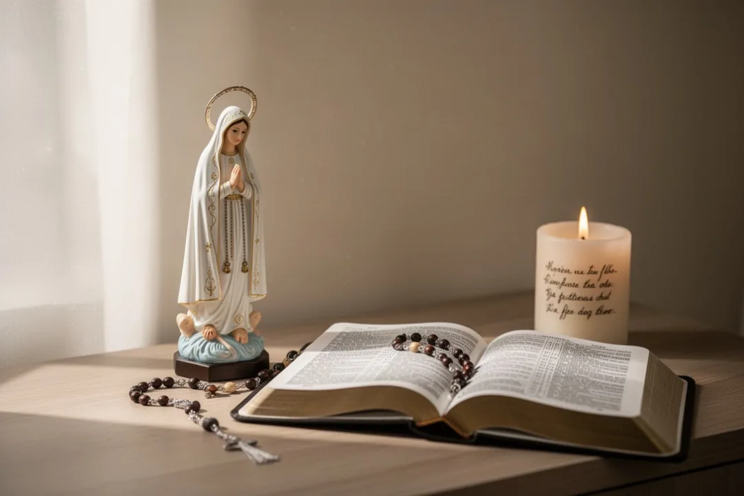 Coin de prière avec statue de Notre-Dame de Fatima et chapelet