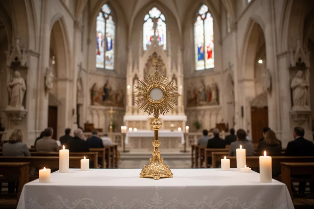 Ostensoir doré exposé sur l’autel d’une église pendant l’adoration eucharistique