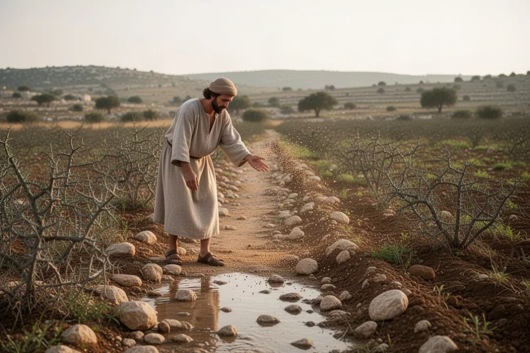 Semeur biblique répandant des graines sur quatre types de terrain
