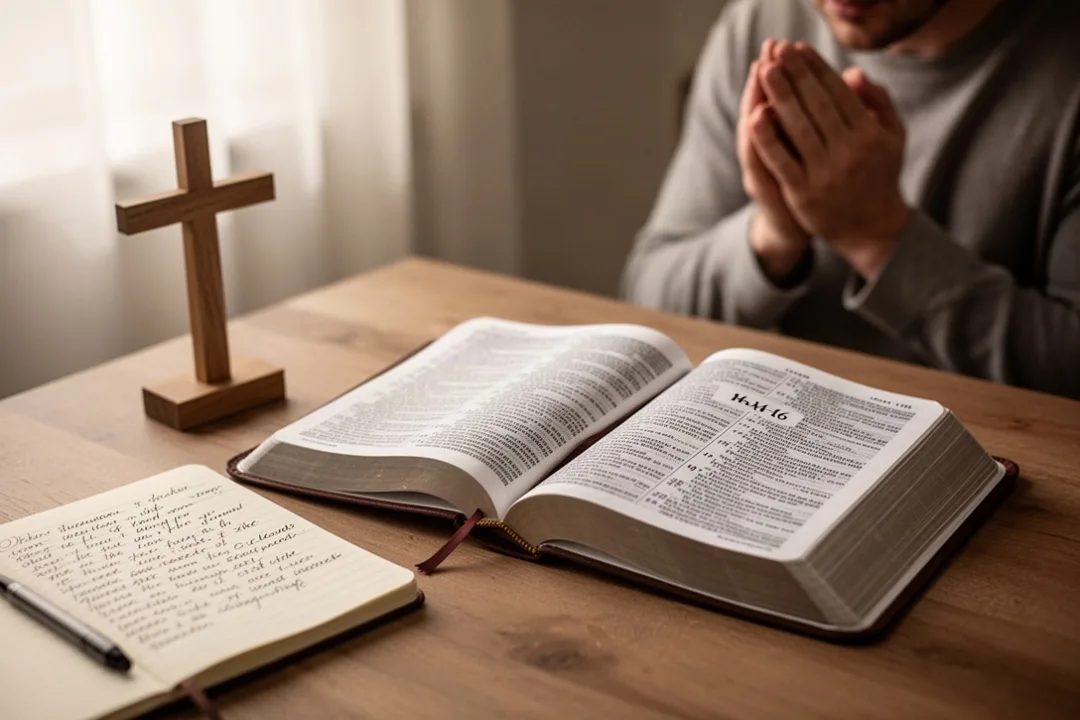 Bible ouverte et personne en prière méditant sur le Paraclet