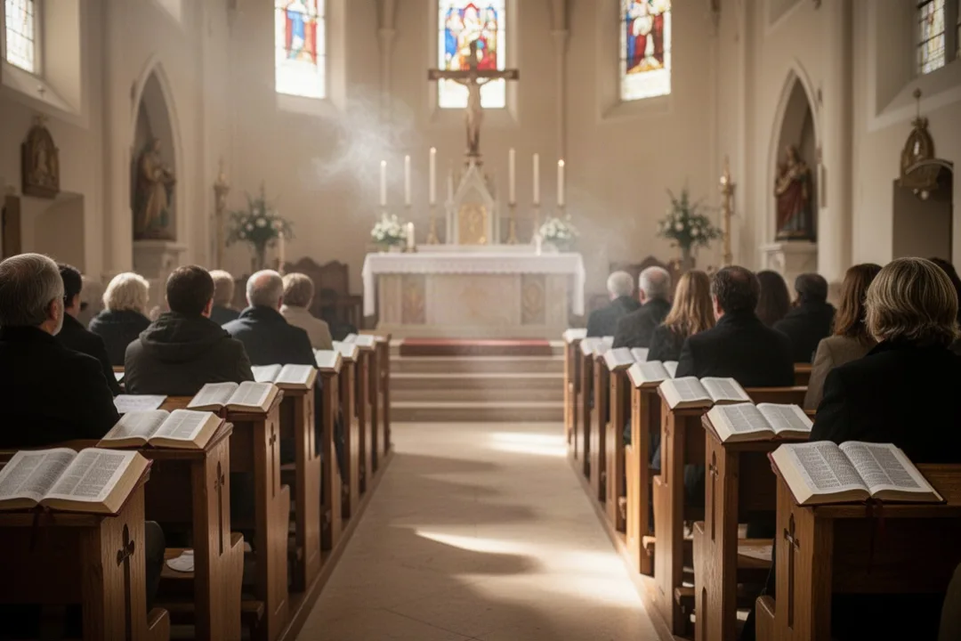Assemblée priant le Pater noster latin dans une église baignée de lumière