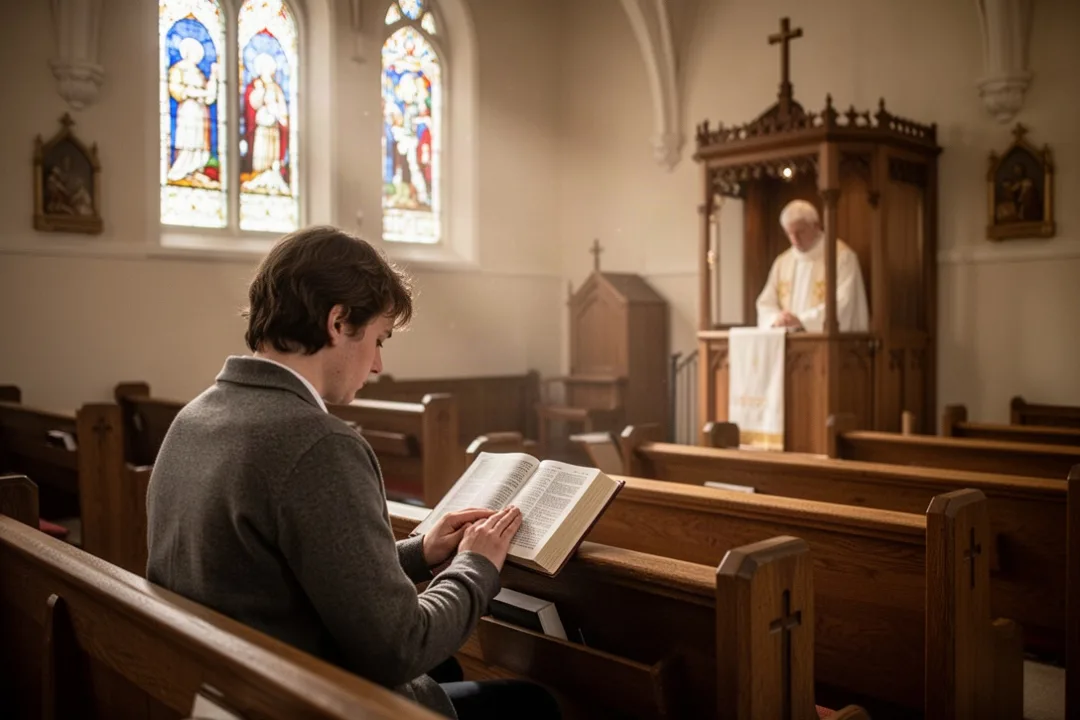 Personne priant dans une église avant une démarche de confession