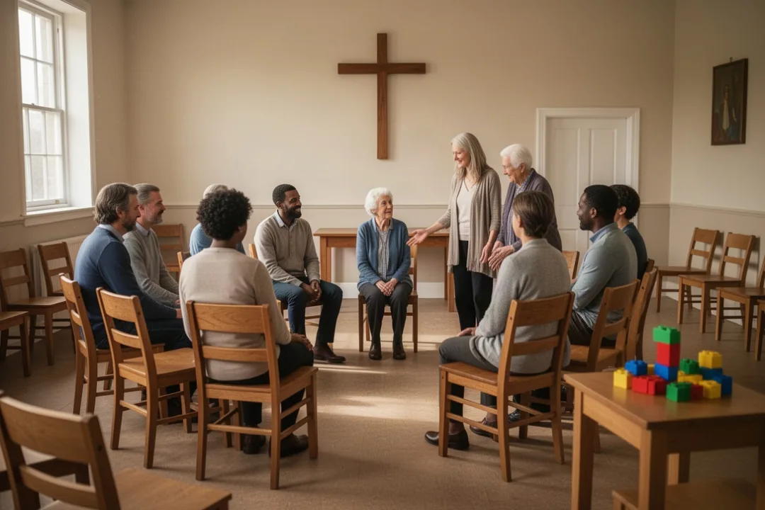 Des croyants aménagent ensemble une salle avant une rencontre communautaire