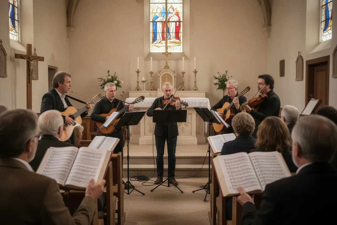 Musiciens accompagnant une assemblée chrétienne pendant un chant de reconnaissance