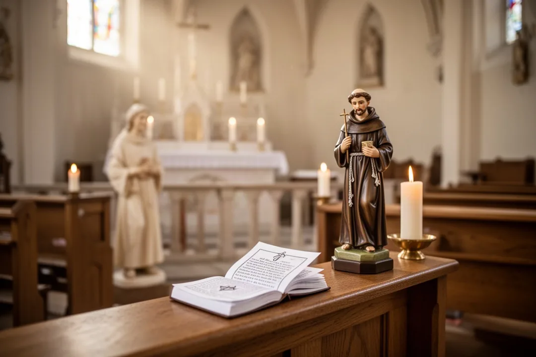 Statue de saint Antoine près de bougies dans une église silencieuse