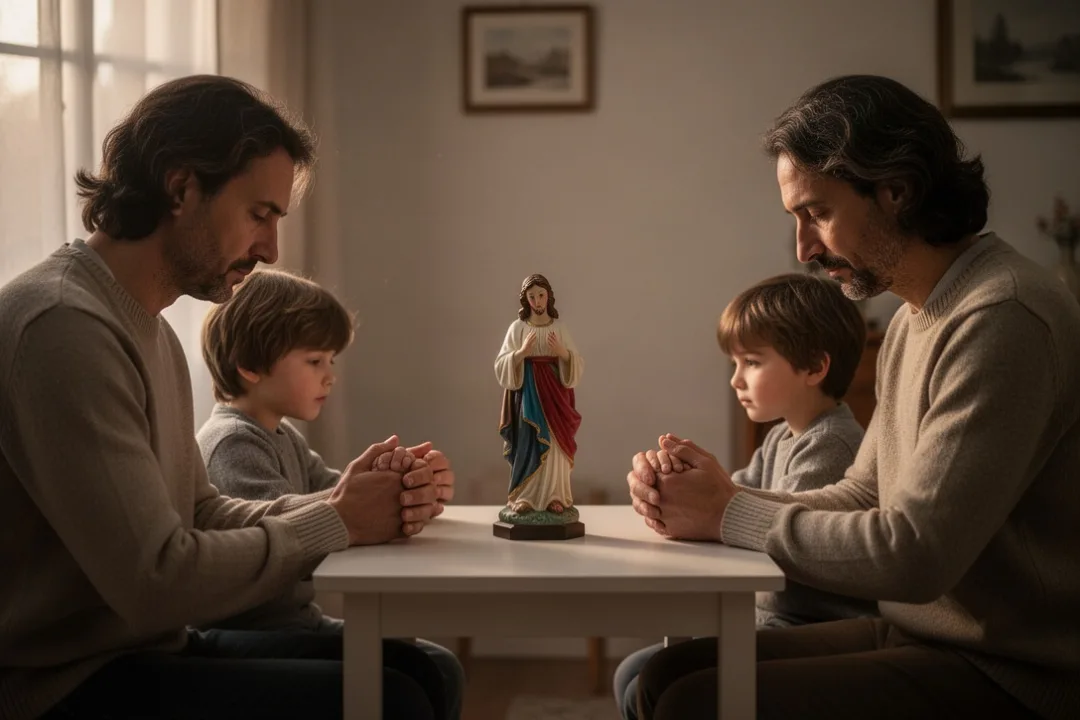 Famille réunie en prière devant une statue de saint Joseph