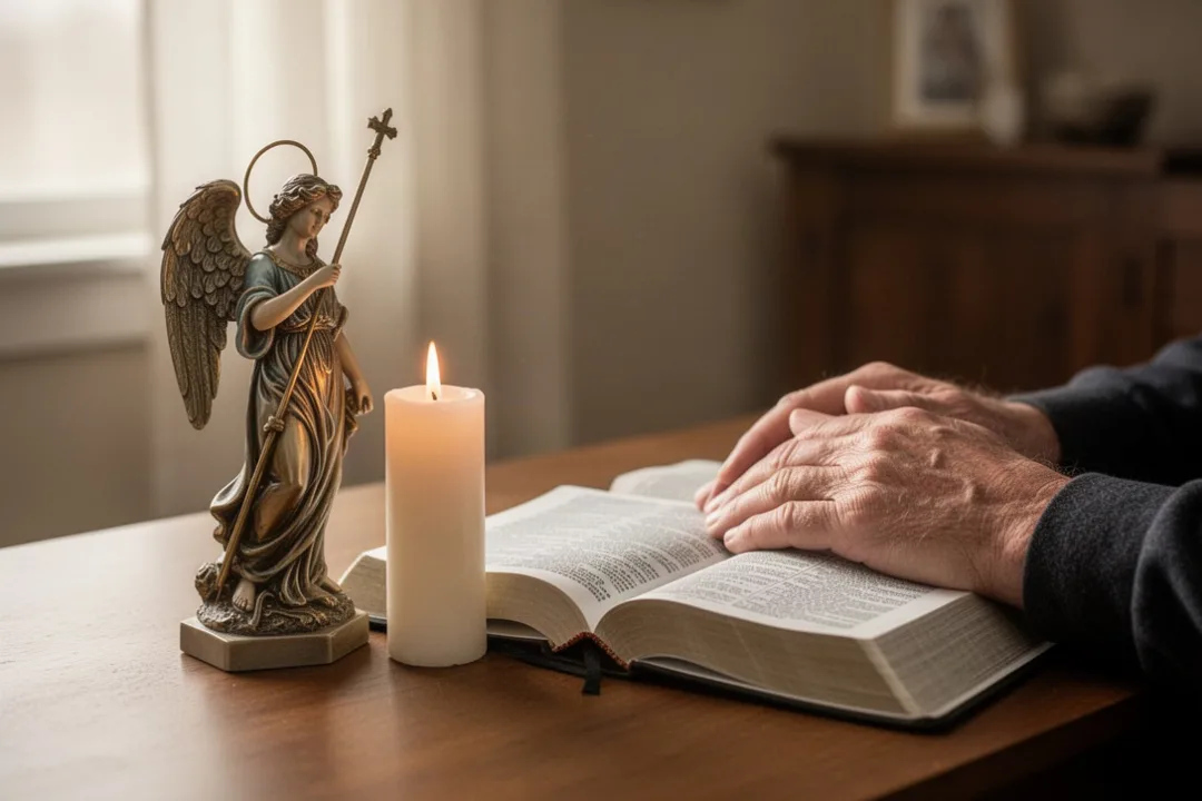 Prière silencieuse devant une statue de saint Michel et une Bible ouverte