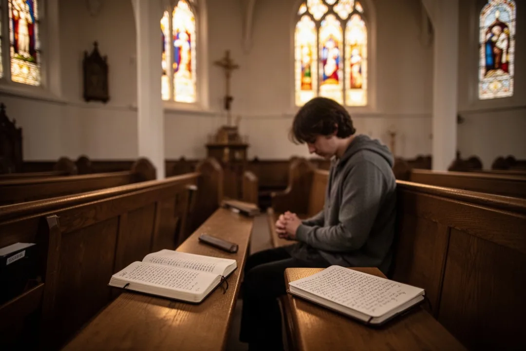 Personne en prière dans une église, carnet fermé posé sur un banc