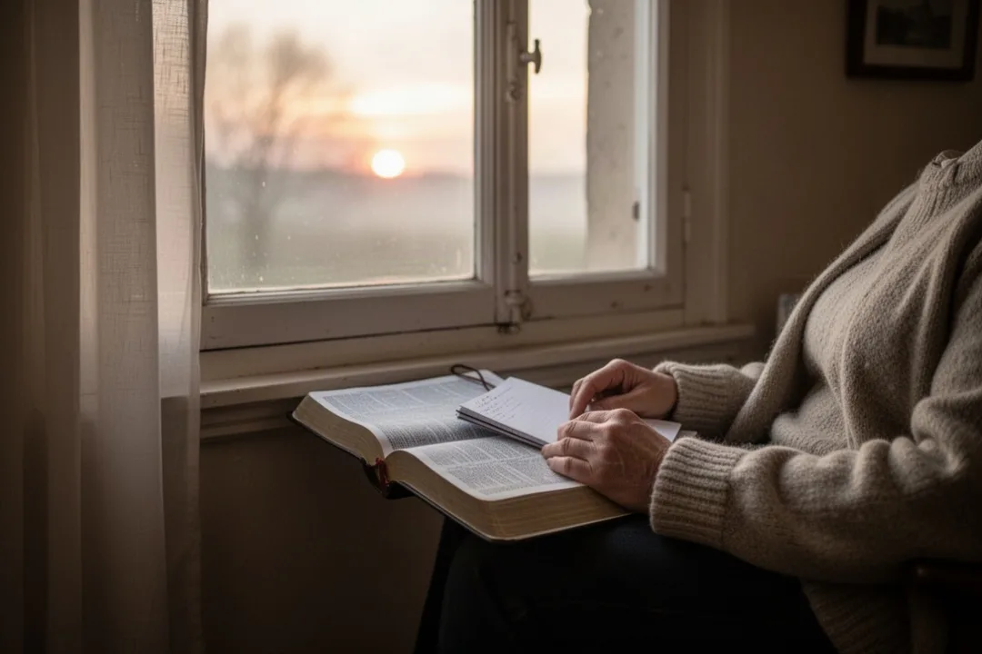 Personne priant près d’une Bible ouverte à la lumière du matin