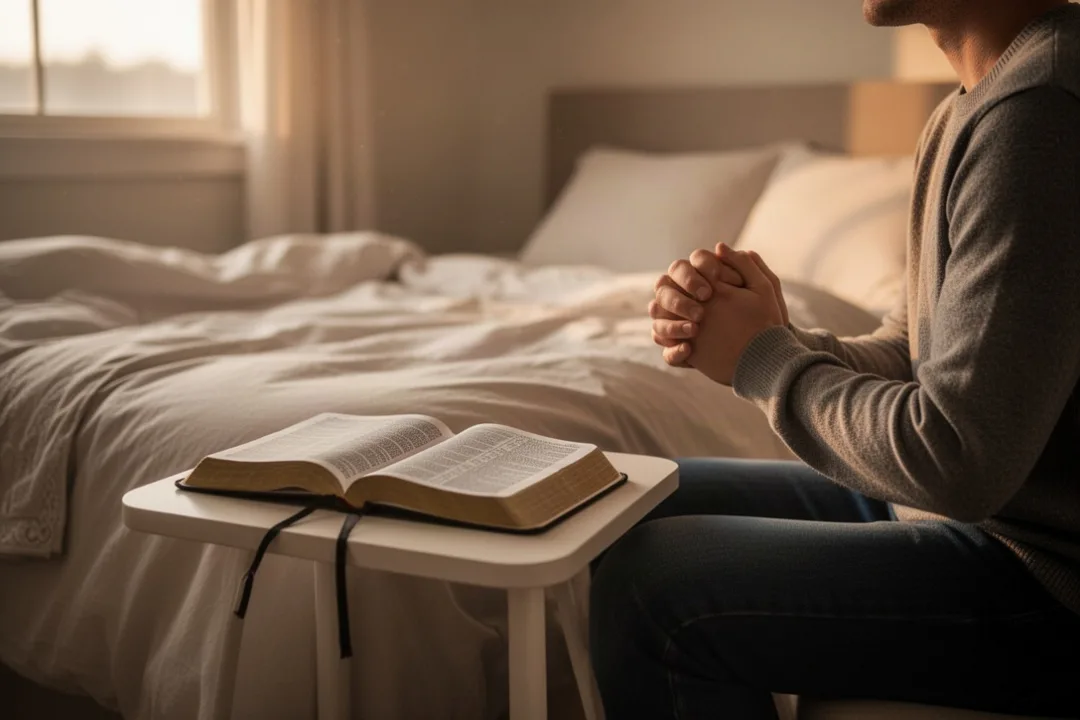 Personne priant calmement près d’une Bible ouverte à la lumière du matin