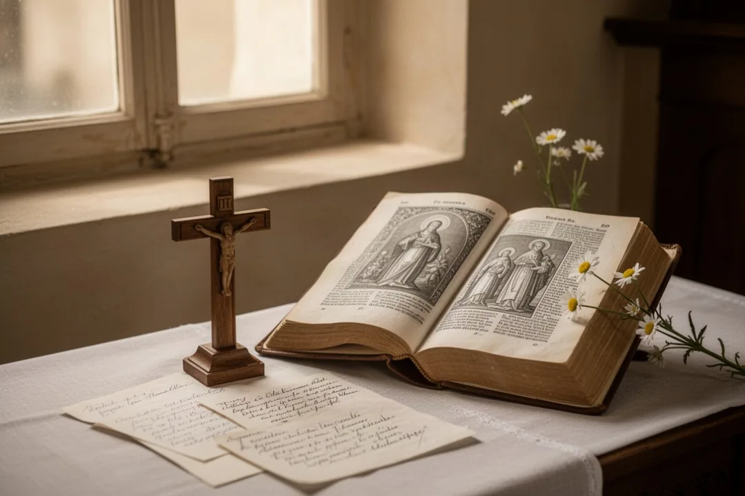 Livre ouvert de sainte Thérèse près d’une croix dans une pièce paisible