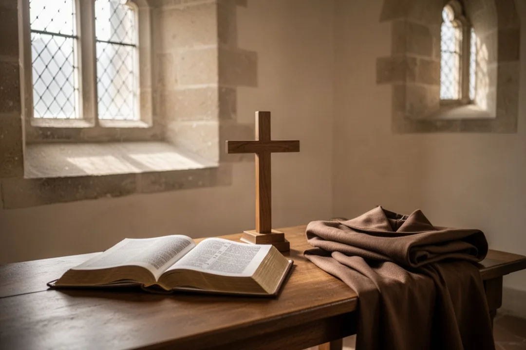 Livre de prière ouvert dans une abbaye bénédictine baignée de lumière
