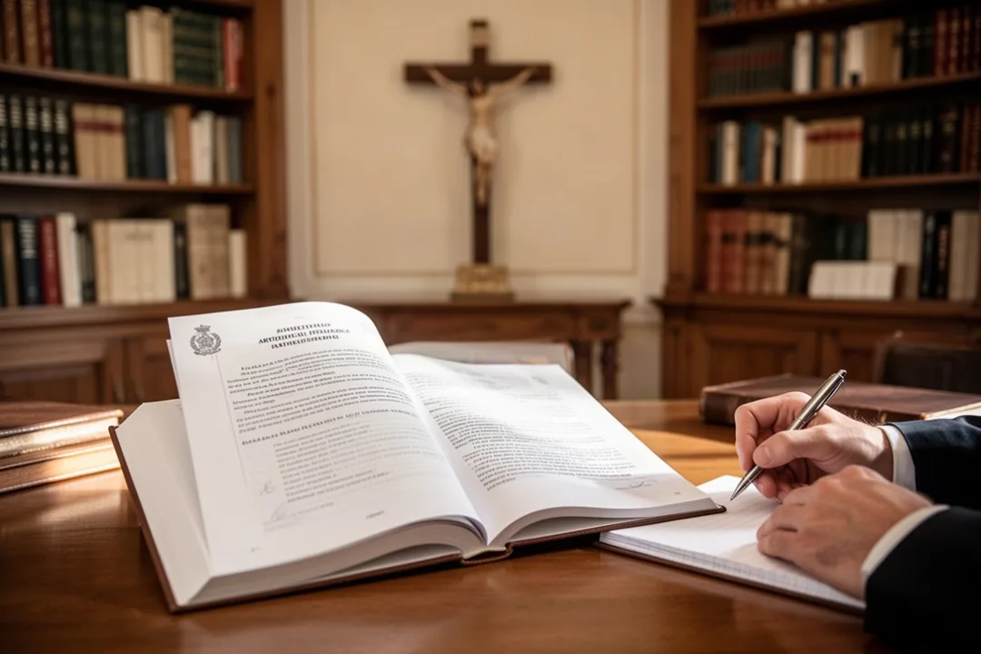 Document catholique sur l’intelligence artificielle posé dans une bibliothèque du Vatican