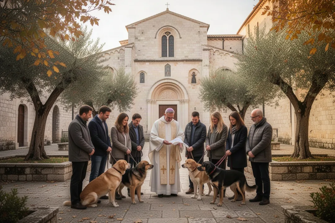 Bénédiction d’animaux dans une cour d’église dédiée à saint François
