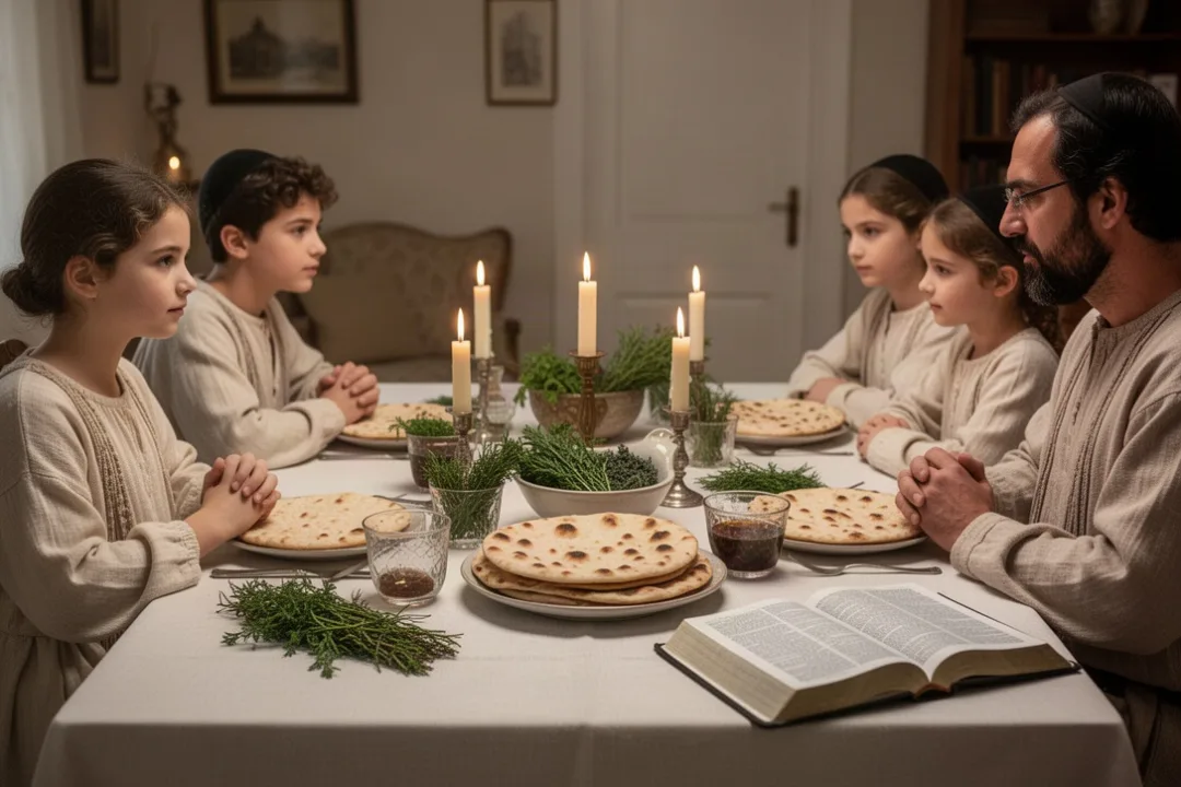 Repas familial de Pâque avec pain sans levain et Bible ouverte