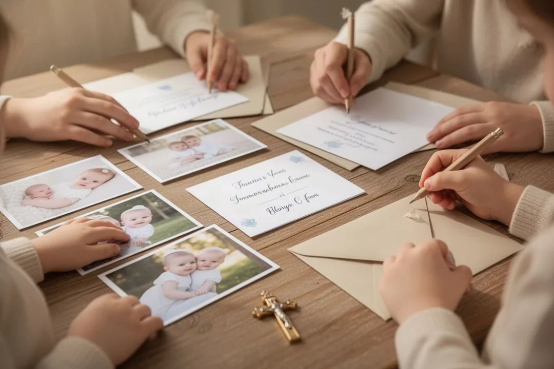 Famille préparant des cartes de remerciement après un baptême