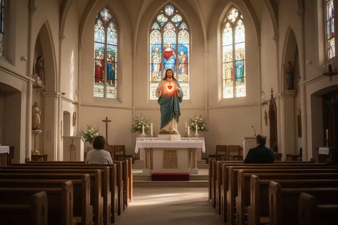 Statue du Sacré-Cœur de Jésus dans une église éclairée par la lumière des vitraux