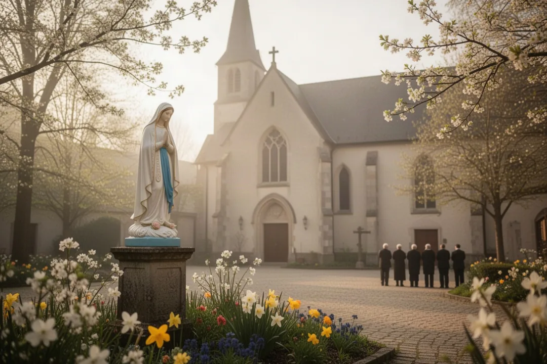 Cour d’église fleurie avec statue mariale et pèlerins en prière