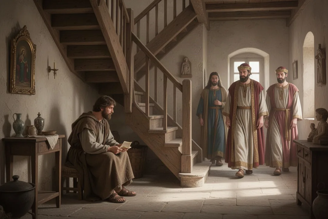 Saint Alexis vivant humblement sous l’escalier de sa famille