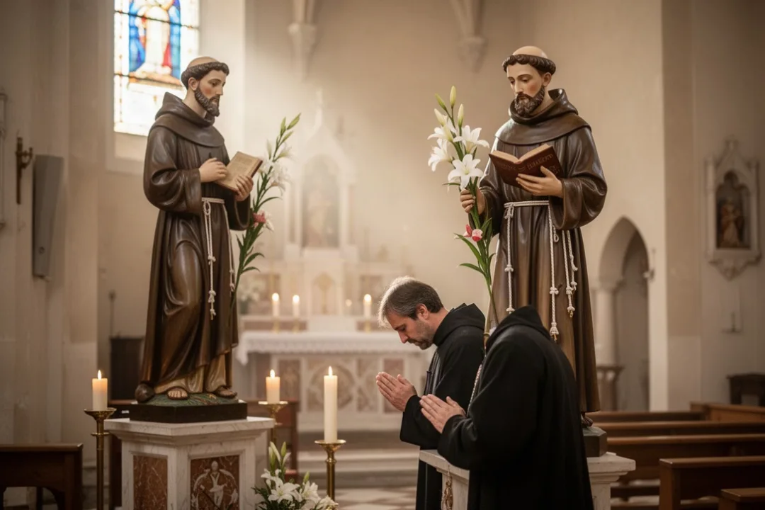 Fidèle priant devant une statue de saint Antoine dans une église de Padoue