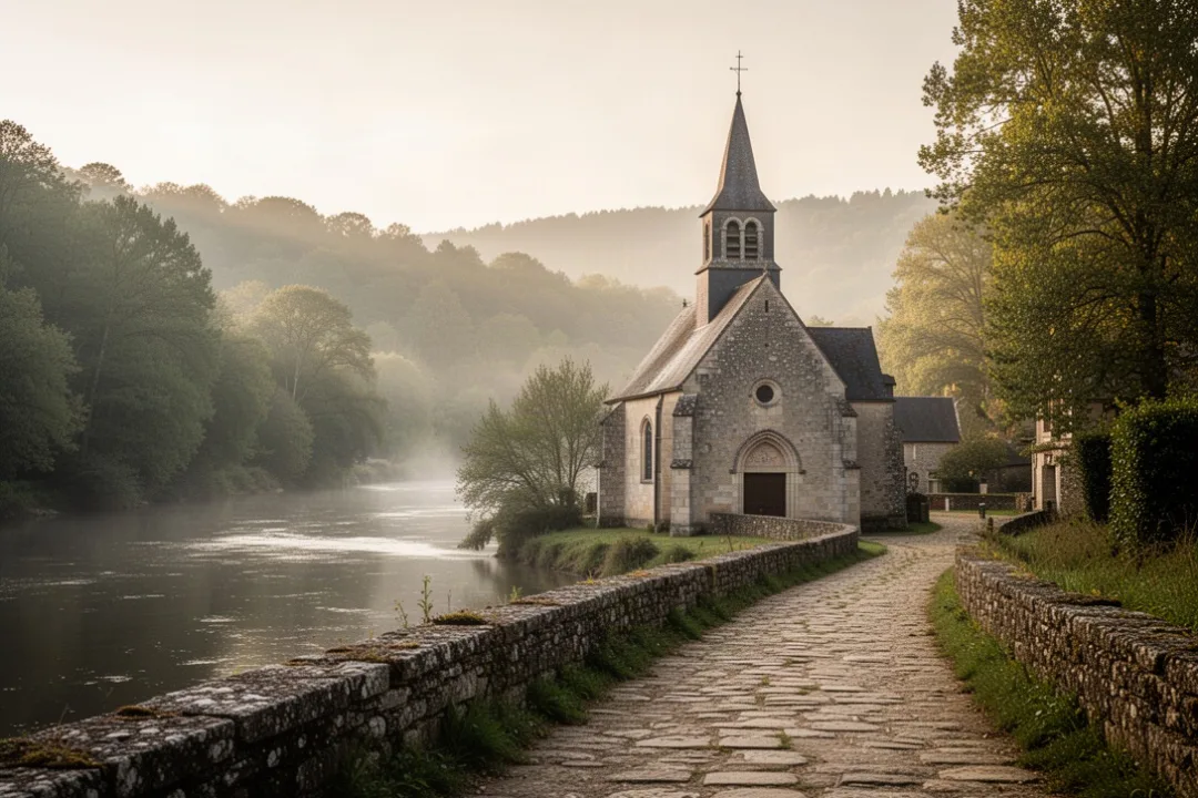 Chapelle Saint-Céneri au bord de la Sarthe dans un paysage boisé