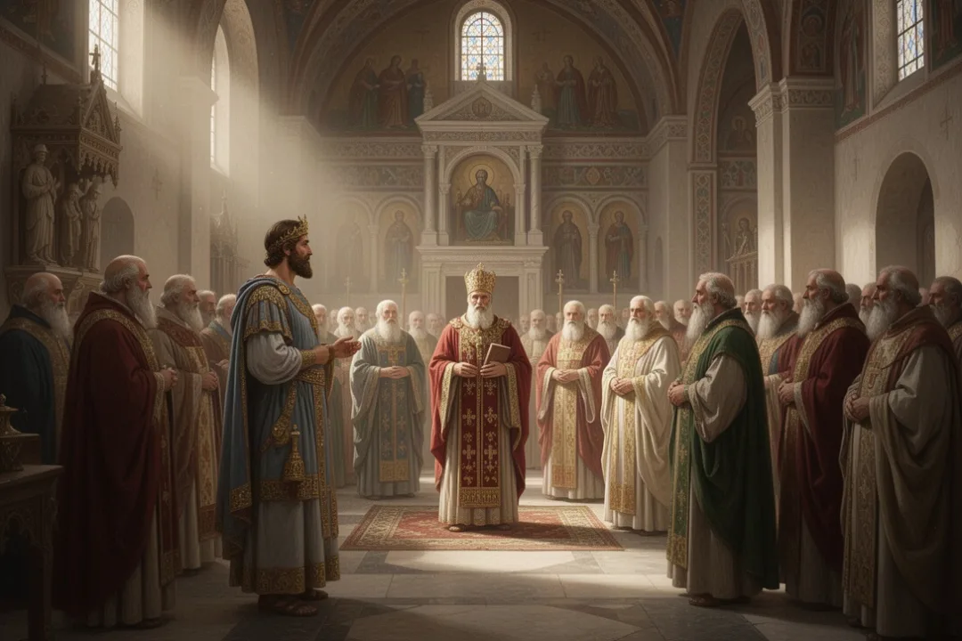 Constantin assistant à une assemblée d’évêques dans une basilique antique