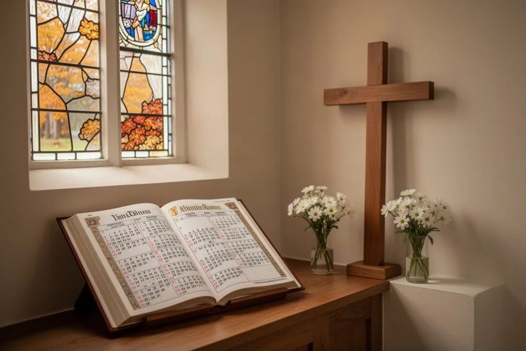 Calendrier liturgique ouvert près d’une croix dans une église éclairée