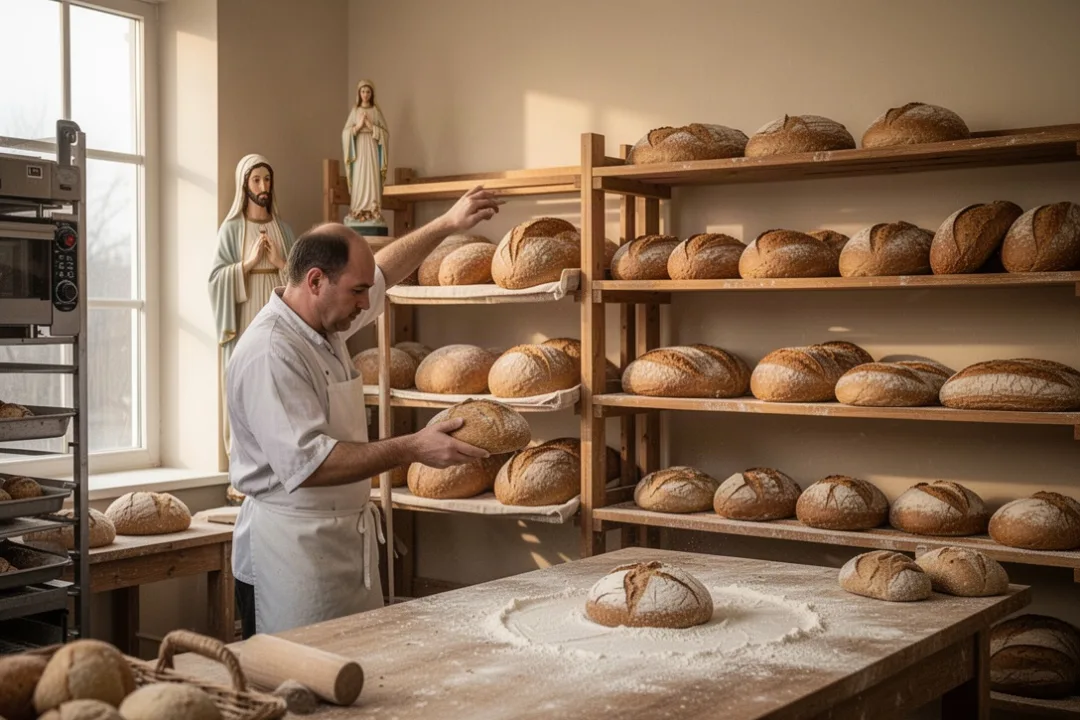 Boulanger déposant des pains près d’une statue de saint Honoré