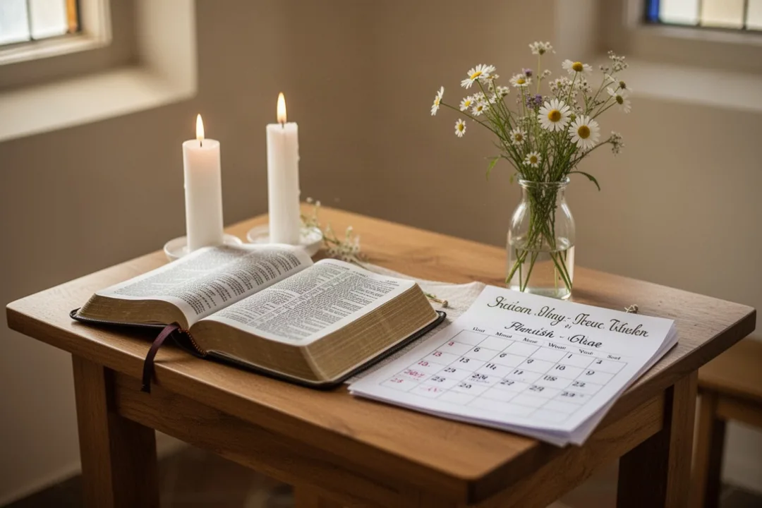 Table de prière paroissiale avec Bible, bougie et fleurs pour la Saint-Sylvain