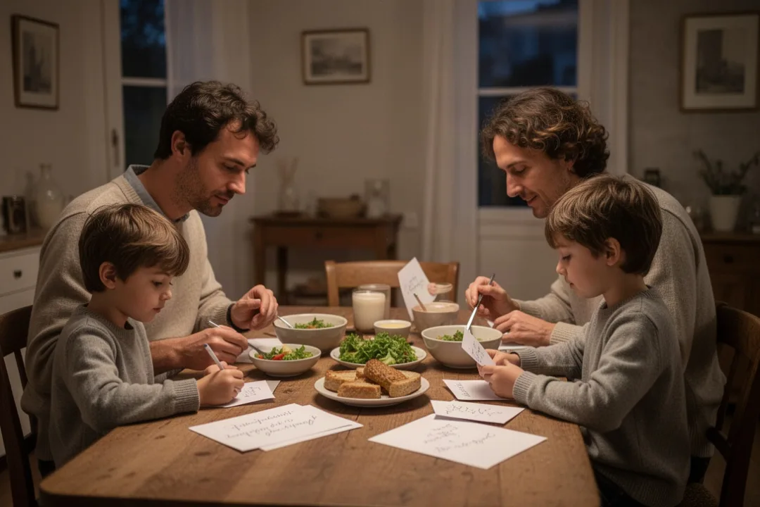 Famille préparant un repas simple et des cartes de gratitude pour la Saint-Valentin