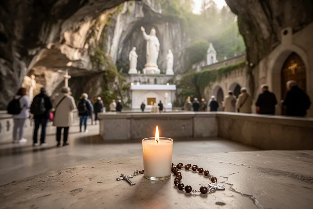 Bougie et chapelet près de la grotte de Massabielle à Lourdes