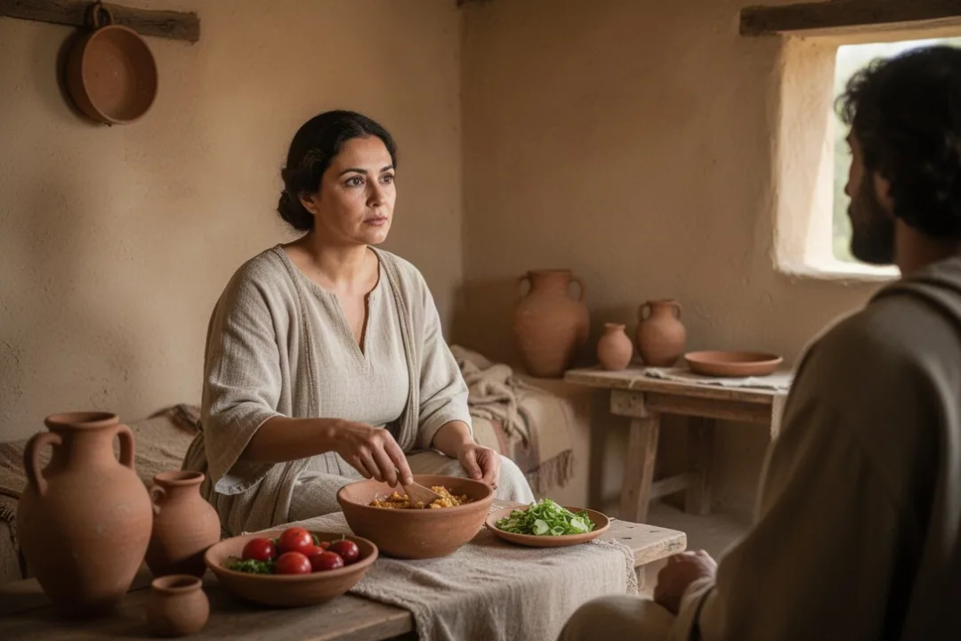 Marthe préparant un repas dans une maison ancienne de Béthanie