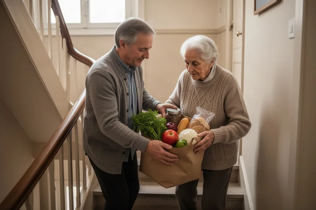 Chrétien aidant discrètement une voisine âgée dans un escalier