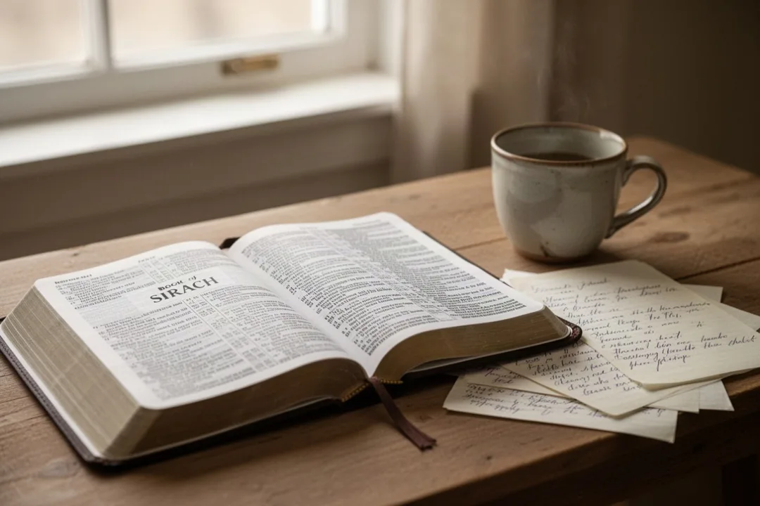 Bible ouverte au livre de Sirach avec notes manuscrites près d’une fenêtre