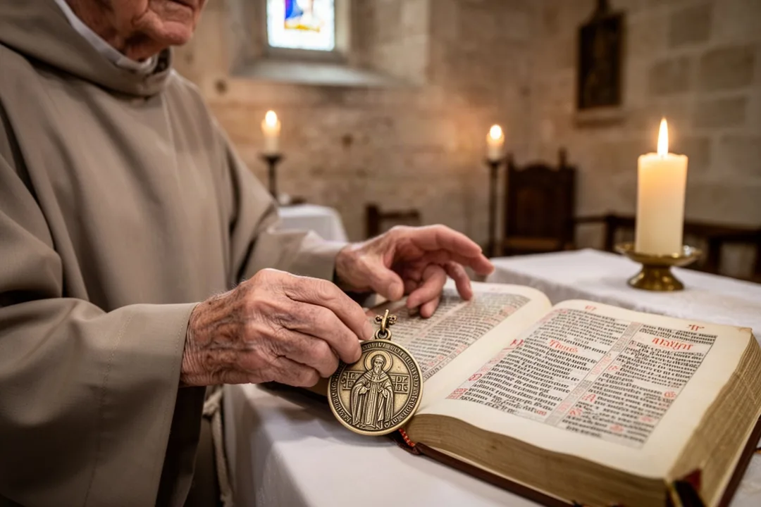 Médaille de saint Benoît posée près de sa règle dans une chapelle monastique
