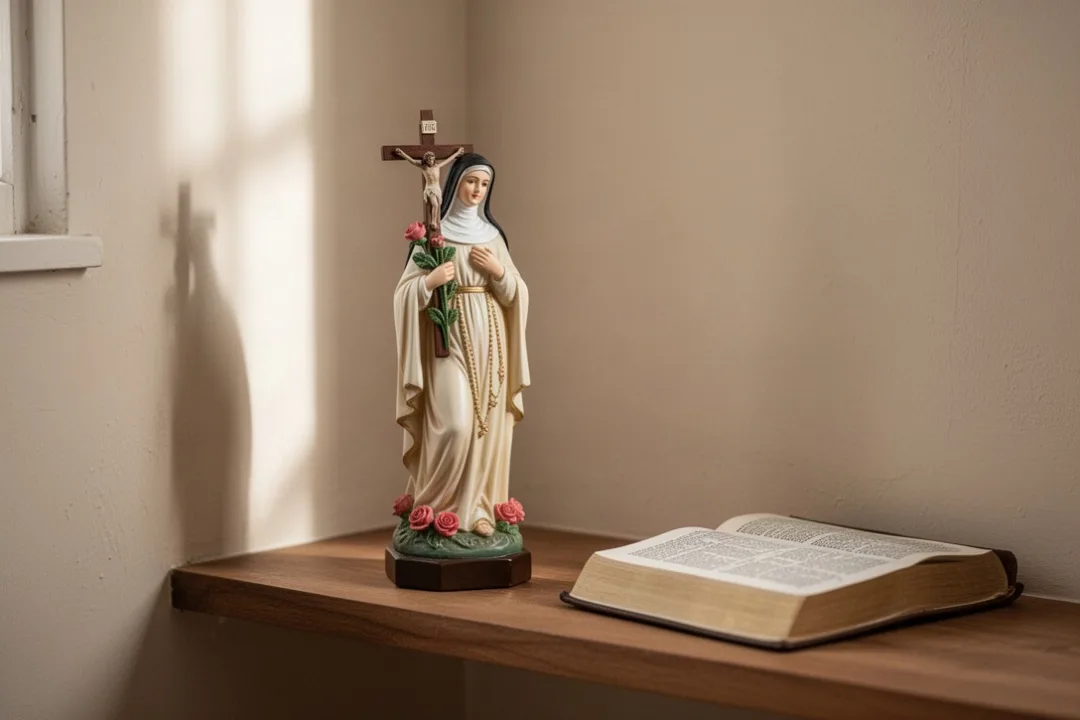 Statue de sainte Thérèse avec crucifix et roses dans un coin de prière
