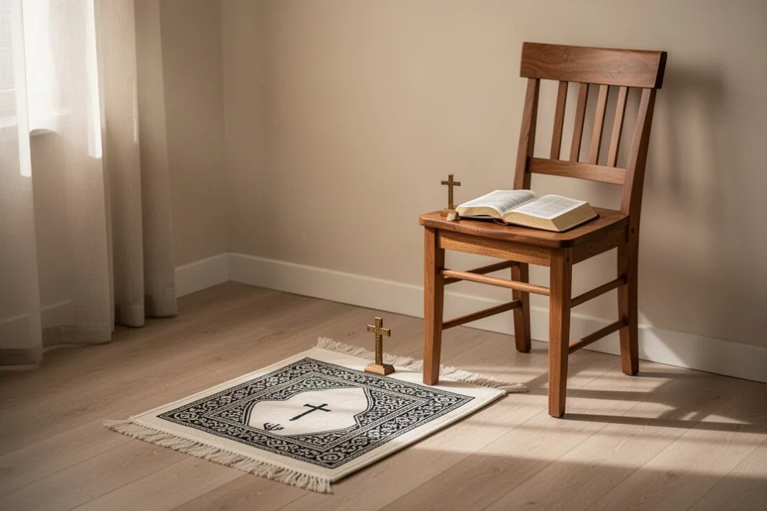 Coin de prière chrétienne avec tapis, Bible ouverte et petite croix