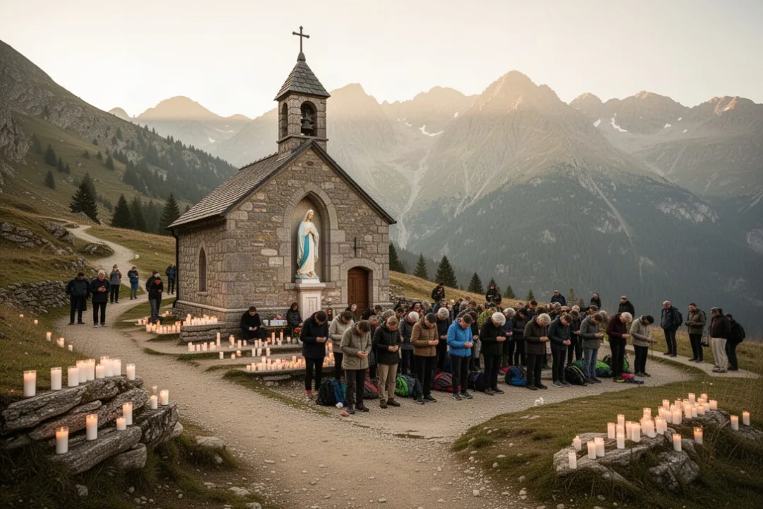 Pèlerins priant devant un sanctuaire marial français dans les Alpes