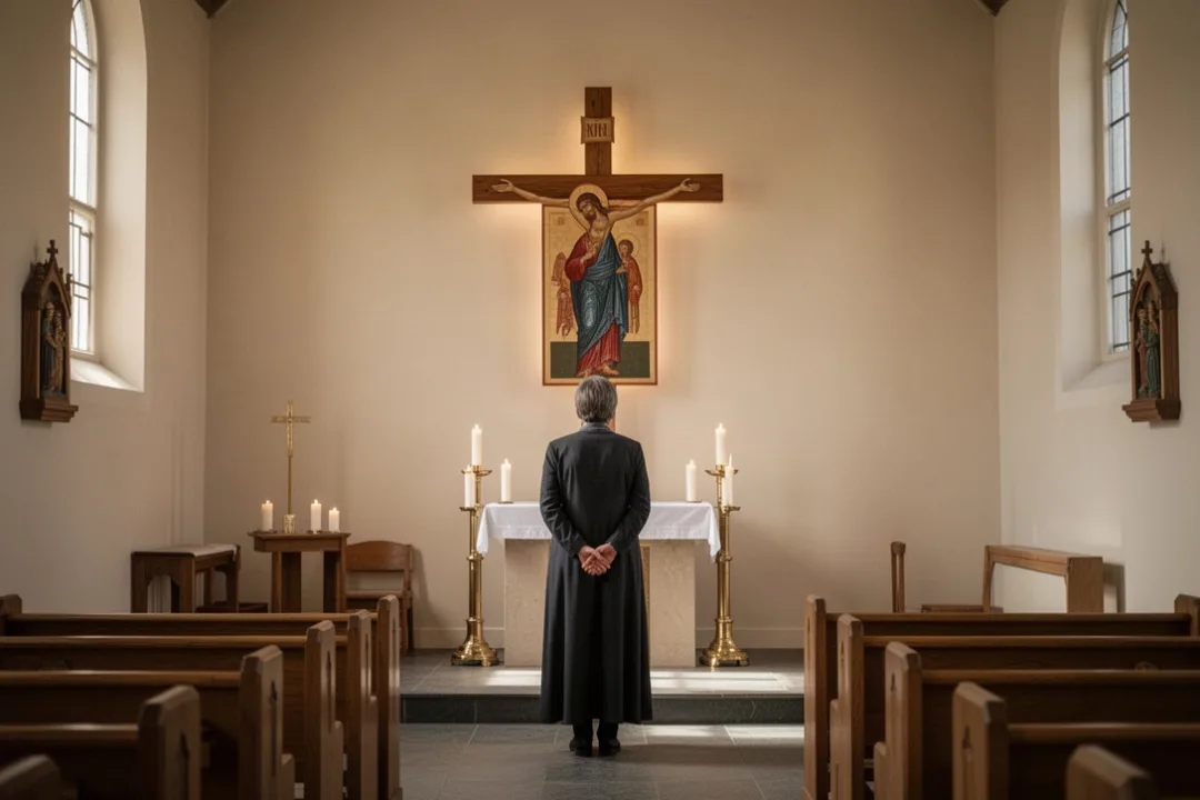 Fidèle priant devant une croix et une icône dans une église