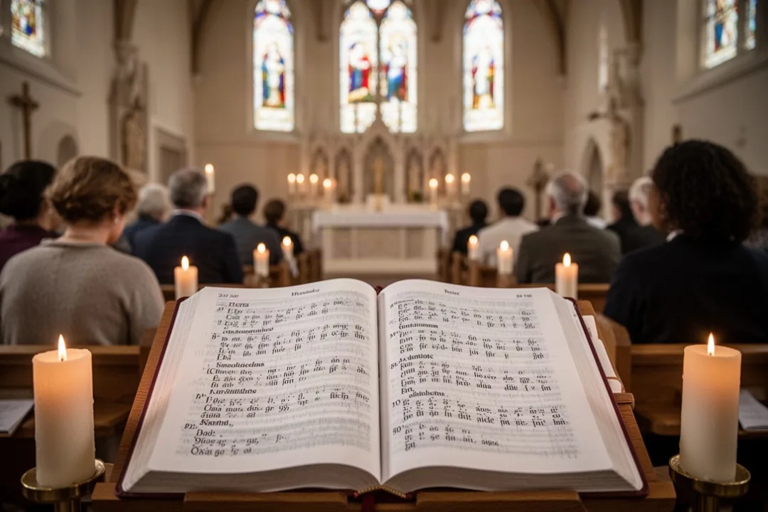 Livre de chant ouvert pendant une prière de Pentecôte dans une église